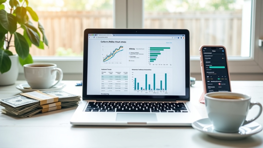 Illustration of a laptop with affiliate links, graphs, and online earnings concept.